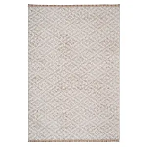 Neutral Beige Brown Diamond Scandi Fringed Area Rug 160cm x 230cm