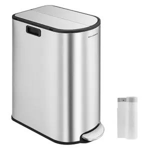 SONGMICS Dual Compartment Recycling Bin, Large Capacity, Slim Kitchen Trash Can for Waste, Pedal Bin, Metallic Silver