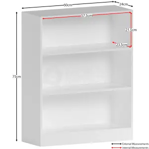 Vida Designs Cambridge White 3 Tier Low Bookcase Freestanding Shelving Unit (H)750mm (W)600mm (D)240mm