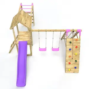 Rebo Wooden Climbing Frame with Swings, Slide, Up & over Climbing wall and Monkey Bars - Dolomite Pink