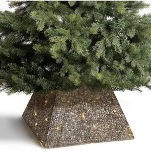 Champagne Gold Glitter Christmas Tree Skirt With Stars & 35 LED Lights Battery-Powered 50X30x30cm Sparkling Festive Tree Base