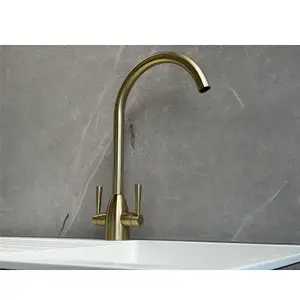 Liquida W05BG Swan Neck Monobloc Twin Lever Brushed Gold Kitchen Mixer Tap