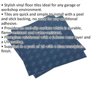 16 Pack Peel and Stick Vinyl Floor Tiles - Blue Tread for Garage and Workshop