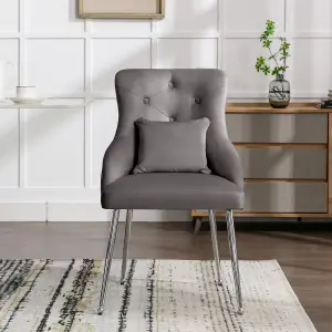 Set of 2 Grey Lux Velvet Upholstered Dining Chairs with Cushion Kitchen Chairs