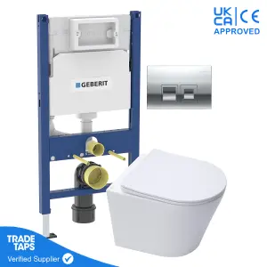 White Wall Hung Toilet Pan with Geberit Concealed Cistern Frame 98cm & Delta35 Gloss Chrome Flush Plate