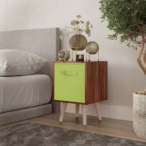 URBNLIVING 50cm Height Green 1-Drawer Cube Teak Shelving Unit with Scandinavian Pine Legs