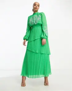 ASOS DESIGN High Neck Tiered Pleated Maxi Dress With Contrast Embroidery In Green - Green (Size: 4)