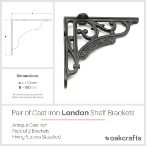 Oakcrafts - Pair of Antique Cast Iron London SW1 Shelf Brackets 150mm x 150mm