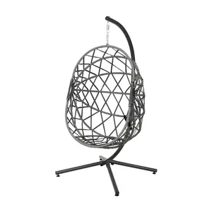 Dark Grey Foldable Single Rattan Egg Chair Swing Chair Hanging Basket with Metal Bracket and Seat Cushion