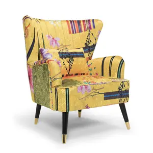 Fabric Gold Patchwork Victoria Accent Wingback Chair