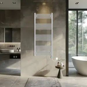 Rinse Bathrooms Prefilled Electric Thermostatic Heated Towel Rail Bathroom Radiator Straight with 800W Timer Chrome 1400x600mm