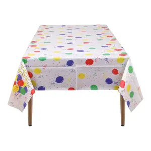 White Plastic Tablecloth, Multicolour Polka Dot Printed Waterproof Table Cover - 54"x108"