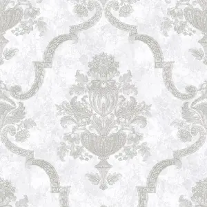 Galerie Azulejo Silver Porto Large Distressed Baroque Damask Wallpaper Roll