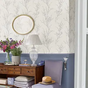 Laura Ashley Willow Off white & steel Floral Smooth Wallpaper