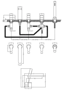 Deck Mount Square 5 Tap Hole Bath Shower Mixer Tap with Shower Kit - Chrome