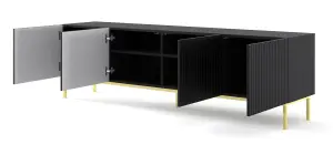 Ravenna B TV Stand in Black with Gold Legs - Milled Foil Finish MDF - Sleek Metal Framed Design - D420mm x H560mm x 2000mm