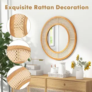 COSTWAY Rattan Round Wall Mirror 65 cm Wooden Framed Mirror with Aluminum Glass