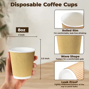 ECONX 8oz Takeaway Coffee Cups Disposable Ripple Insulated Brown Paper Coffee Cups For Hot and Cold Drinks (Pack of 50)