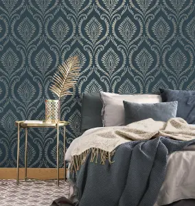 Crown Estelle Damask Navy Wallpaper M1758