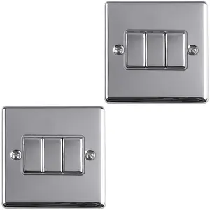 2 PACK 3 Gang Triple Metal Light Switch POLISHED CHROME 2 Way 10A GREY Trim