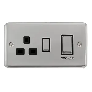 Curved Polished Chrome Cooker Control Ingot 45A With 13A Switched Plug Socket - Black Trim - SE Home