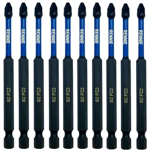 Rennie Tools 10 Pack PZ2 x 100mm Long Magnetic Impact Driver Screwdriver Bits Set Pozidriv (Pozi 2)