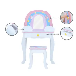 Teamson Kids Dressing Table, Play Vanity Set with Mirror & Stool, Rainbow Unicorn - Pink/White