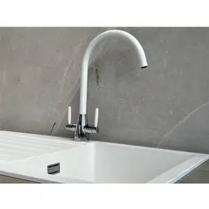 Liquida LC02WH Swan Neck Twin Lever Chrome and White Kitchen Mixer Tap