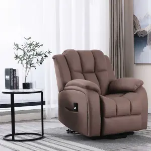 Rise Recliner Chair With Single Motor, Remote Control And Pocket Storage In Leather-Look Mocha Technology Fabric