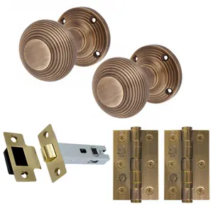 AFIT Antique Brass Door Knobs Reeded Beehive Design Latch Kit 78mm Latch 76mm Hinges 55mm Sprung Knobs