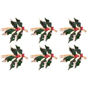 Set Of 6 Deluxe Holly Gem Napkin Rings Christmas Dinner Table Decoration Ring Buckle Serviette Holder Festive Party