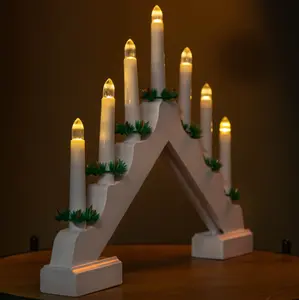 40cm Battery Operated Light up White Wooden Christmas Candle Bridge with 7 Warm White LEDs