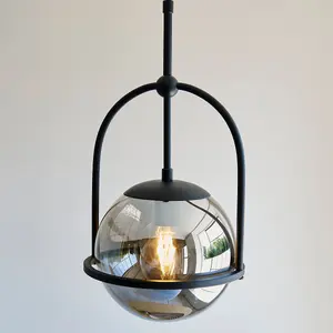 Luminosa Trieste Globe Pendant Ceiling Light Matt Black, Smoked Mirror Glass