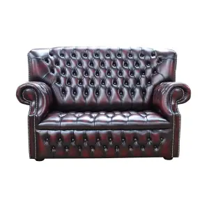 Chesterfield 2 Seater Buttoned Seat Sofa Antique Oxblood Leather In Monks Style