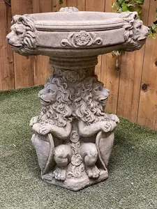 Regal Three Lions Stone cast Birdbath