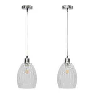 First Choice Lighting Set of 2 Birch Clear Fluted Glass with Chrome Pendant Fittings