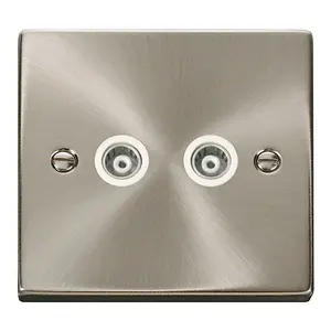 Satin / Brushed Chrome Twin Isolated Coaxial Socket - White Trim - SE Home