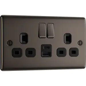 BG Black Nickel Double 13A 12W Raised slim Switched Screwed Socket with USB, x2 & Black inserts