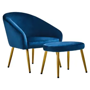 Interiors by Premier Midnight Blue Velvet Arm Chair with Footstool, Velvet Upholstered Accent Chair & Footstool, Armchair Set