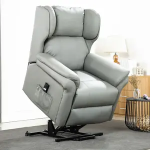 Rise Recliner Chair With Single Motor, Remote Control, Pocket Storage And Wingback Design In Grey Bonded Leather