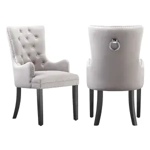 Set of 2 Windsor Knocker Back Dining Chairs Velvet Dining Room Chair w/ Armrest, Light Grey