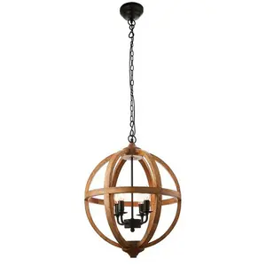 Multi Light Ceiling Pendant 4 Bulb Mango Wood & Bronze Solid Round Lamp Shade