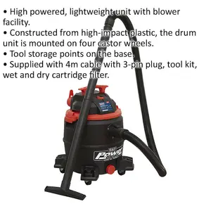 1100W Wet & Dry Vacuum Cleaner - 30L Drum Capacity - Includes Accessory Tool Kit