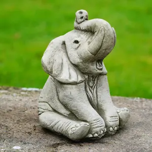 Elephant Trunk Up Stone Statue Outdoor British Made Garden Ornament