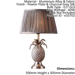 Table Lamp Pewter Plate & Charcoal Grey Silk 60W E27 GLS Base & Shade