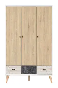 Nordic 3 Door 3 Drawer Wardrobe in White Distressed Effect