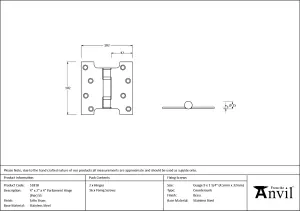 From The Anvil Satin Brass 4" x 2" x 4"  Parliament Hinge (pair) ss