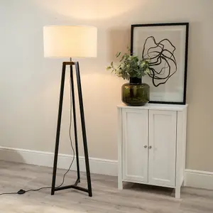 ValueLights Lottie Black Wood Tripod Floor Lamp with Cream Boucle Drum Shade - LED Bulb Included