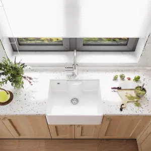 595mm - Single Bowl Fireclay Butler Kitchen Sink - Ledge , Overflow & Waste