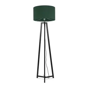 ValueLights Lottie Black Wood Tripod Floor Lamp with Forest Green Drum Shade